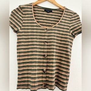 NWOT American Eagle short sleeve blouse size medium green and brown stripes